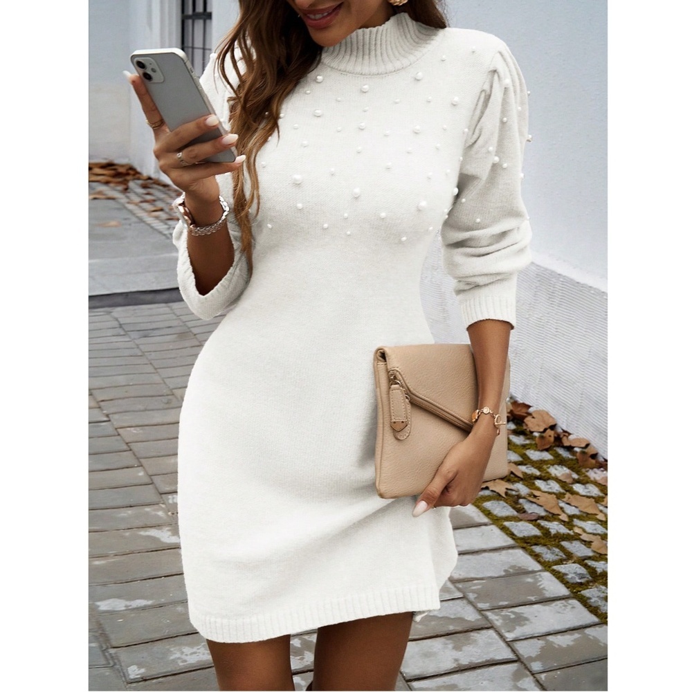 White Sweater Short Mini Dress Faux Pearl Embellished Long Sleeve - Picture 3 of 11